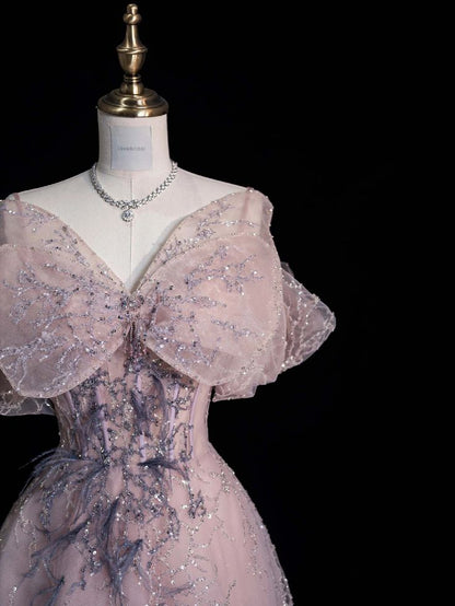 Pink Straps Off Shoulder A-Line Long Formal Prom Dress, MD7952
