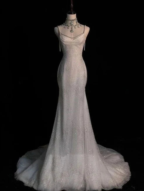Stunning White Backless Mermaid Shiny Party Gown Wedding Dress, MD7991
