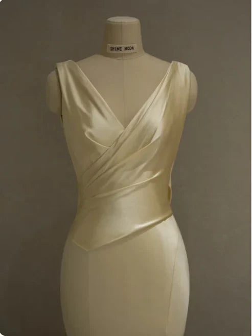 Pastel Yellow Satin Backless Mermaid Long Prom Dress, MD7993