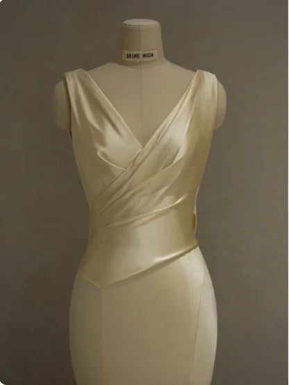 Pastel Yellow Satin Backless Mermaid Long Prom Dress, MD7993