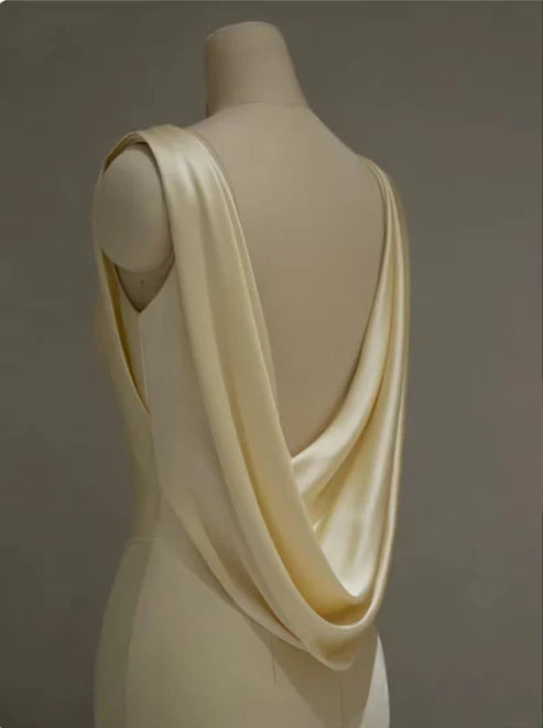 Pastel Yellow Satin Backless Mermaid Long Prom Dress, MD7993