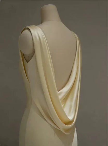 Pastel Yellow Satin Backless Mermaid Long Prom Dress, MD7993