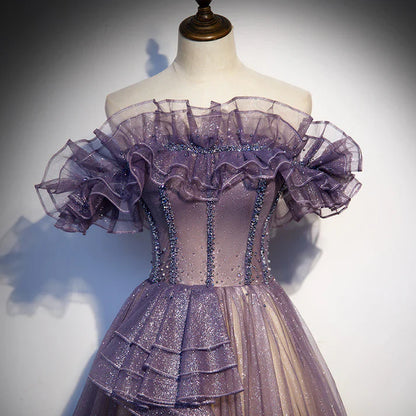 Purple Gradient Tulle Prom Dress Sparkly Off Shoulder Evening Dress MD7557