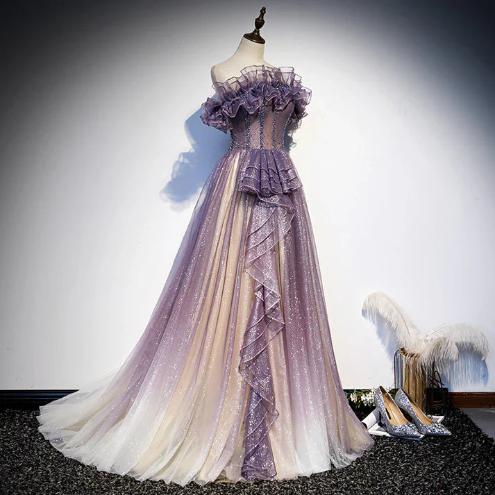 Purple Gradient Tulle Prom Dress Sparkly Off Shoulder Evening Dress MD7557