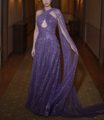 Shiny Purple Tulle Sequin Beaded A Line Long Wedding Guest Dress Formal Birthday Party Dress Evening Dress D1925