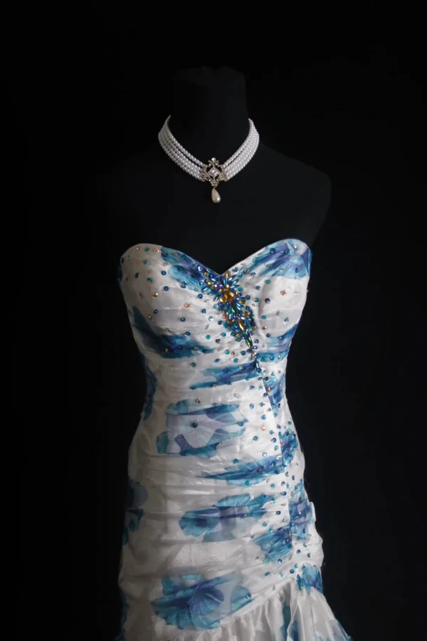 Elegant Sweetheart Neck Blue Tulle Print Floral Mermaid Long Prom Dresses Birthday Party Dress  D1516