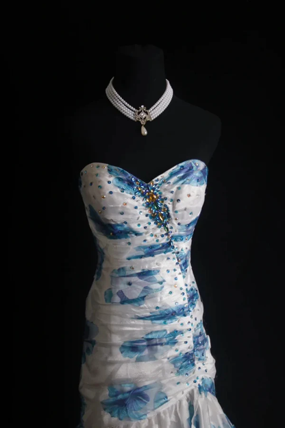 Elegant Sweetheart Neck Blue Tulle Print Floral Mermaid Long Prom Dresses Birthday Party Dress  D1516
