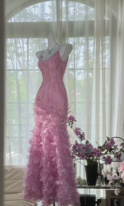 Charming Pink Spaghetti Straps Chiffon Beaded Mermaid Long Party Dress Evening Gown