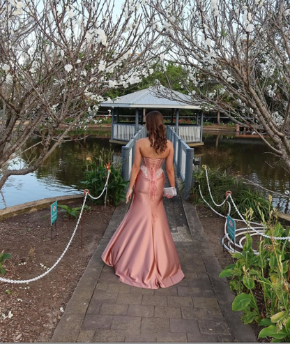 Pretty Rose Pink Beaded Satin Mermaid Slit Long Wedding Guest Dress Birthday Party Dress SP1354