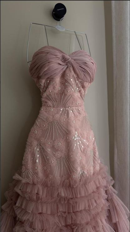 Elegant Sweetheart Neck Pink Sequin Tulle Lace Pleated Mermaid Long Party Dress Evening Gown