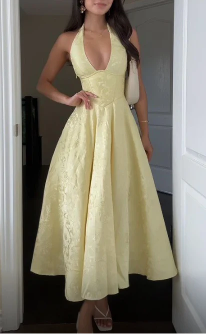 Deep V Neck Yellow Satin Print Floral Party Evening Gown Halter Prom Dress cc2187