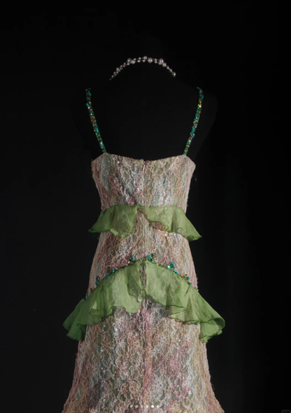 Gorgeous Spaghetti Straps Green Tulle Lace Beaded Mermaid Long Evening Dress Birthday Party Gown