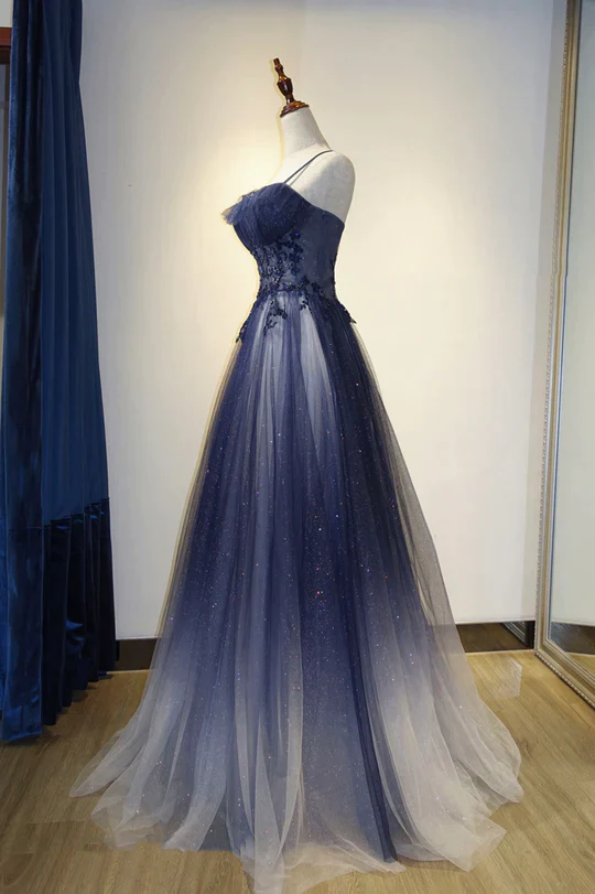 Elegant Ombre Navy Blue Tulle Appliques Straps Long Evening Dress, A-Line Tulle Prom Dresses Y1807
