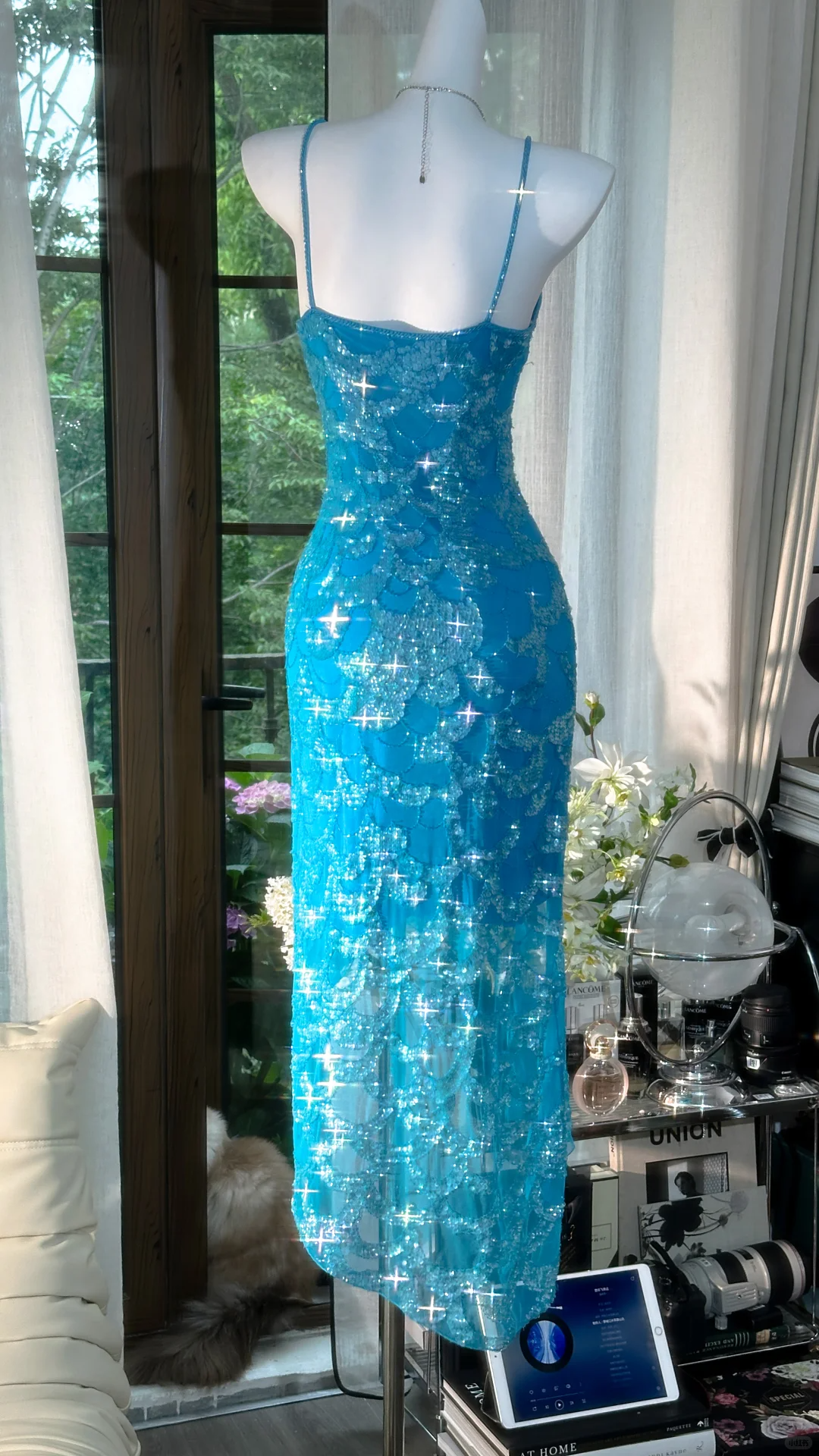 Gorgeous Spaghetti Straps Blue Chiffon Sequin Mermaid Party Dress Long Birthday Prom Gown
