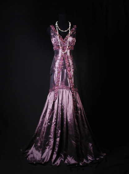Vintage Purple V Neck Satin Beaded Mermaid Evening Dress Long Birthday Party Gown