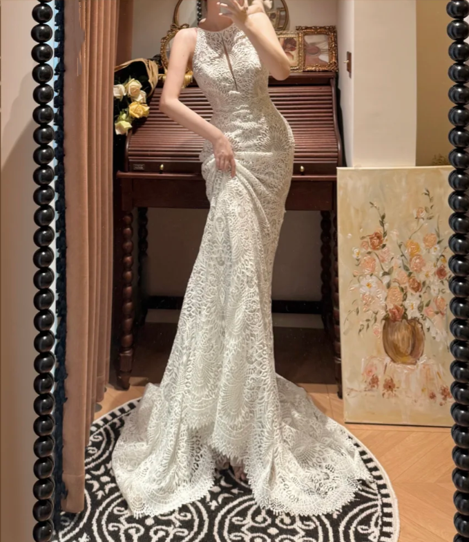 Retro Lace Sleeveless Mermaid Long Wedding Dress White Bridal Dresses D2034