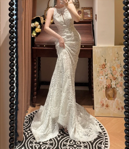Retro Lace Sleeveless Mermaid Long Wedding Dress White Bridal Dresses D2034