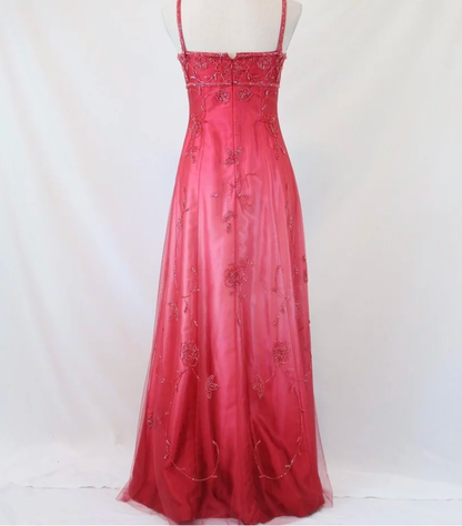 Elegant Spaghetti Straps Ombre Pink Satin Beaded Long Party Dress Formal Evening Dress D1535