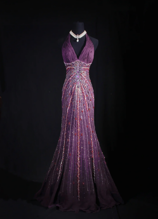 Purple Vintage V Neck Halter Satin Beaded Mermaid Long Party Dress Backless Evening Gown