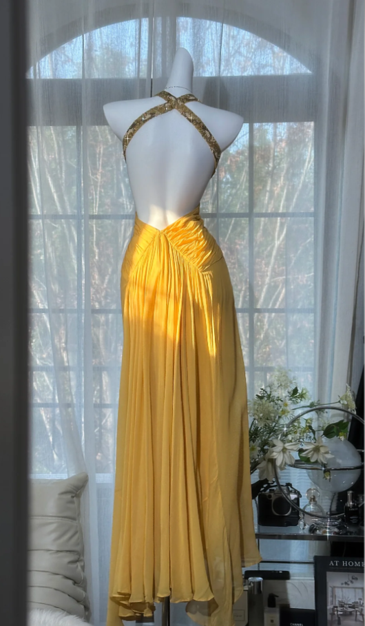 Classy Yellow V Neck Chiffon Beaded Mermaid Prom Dress Backless Long Birthday Party Dress D2293
