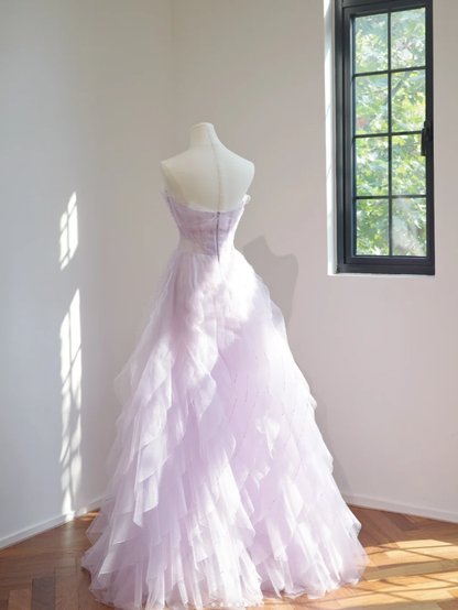Classy Strapless Lilac Beaded Tulle Ruffles Long Birthday Prom Dress Formal Party Dress D2162