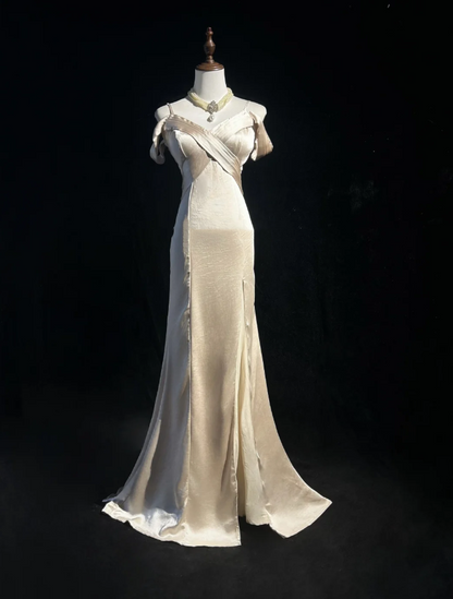Elegant Light Champagne Off The Shoulder Formal Wedding Guest Dress Long Mermaid Slit Evening Dress Party Dress D2065