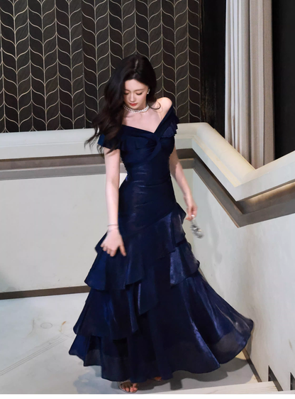 Stylish Navy Blue Off The Shoulder Satin Layered Ruffles Mermaid Long Evening Dress Prom Gown
