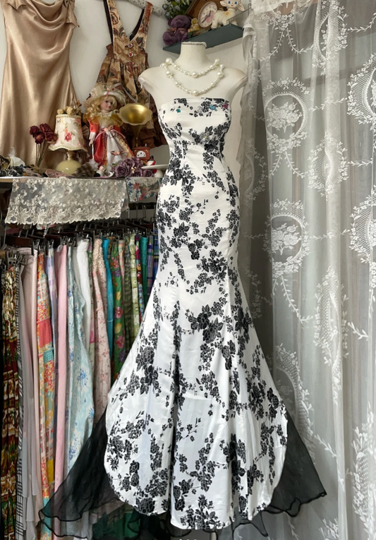 Vintage Strapless Satin Print Floral Mermaid Party Dress Long Evening Gown
