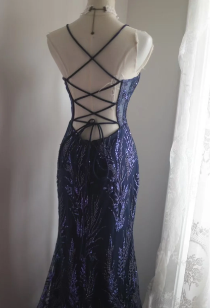 Luxurious Spaghetti Straps Tulle Sequin Mermaid Long Party Dress Navy Blue Evening Dress D2208