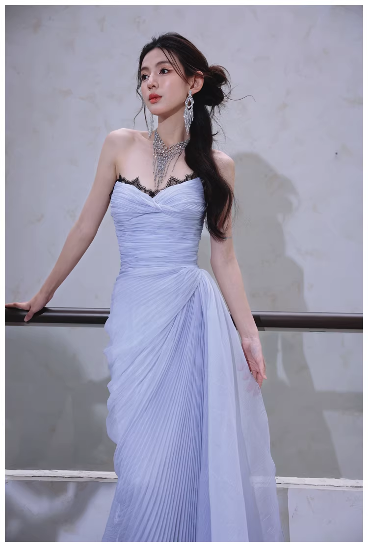 Classy Haze Blue Strapless Tulle Pleated Mermaid Long Party Dress Evening Gown