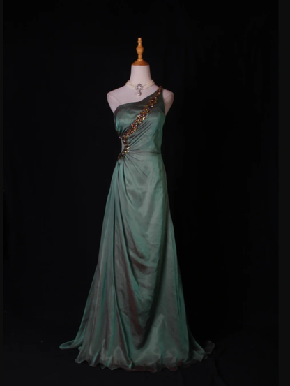 Vintage Green One Shoulder Satin Chiffon Beaded Mermaid Long Evening Dress Birthday Dress D2269