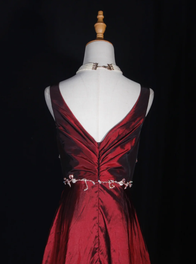 Vintage Burgundy V Neck Satin Embroidery Floral Mermaid Long Wedding Guest Dress Formal Birthday Evening Gown