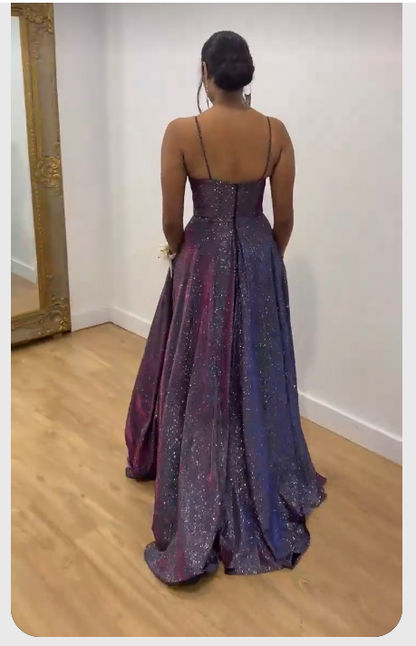 Spaghetti Straps Sparkly Purple Ruched Prom Dress with Pockets Y341