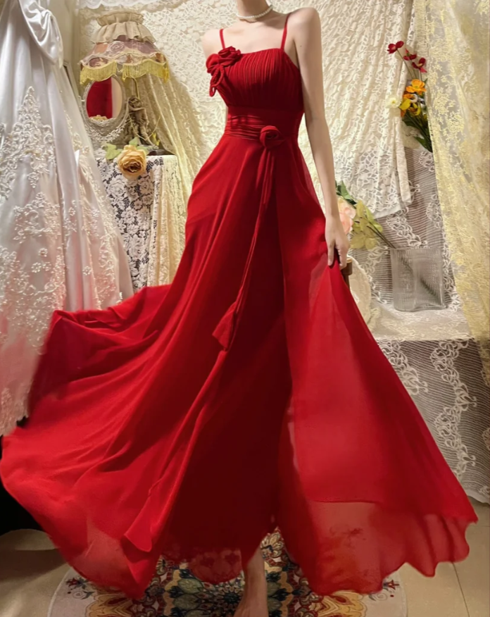 Charming Spaghetti Straps Red Chiffon A Line Long Wedding Guest Dress Evening Dress Dress D21112