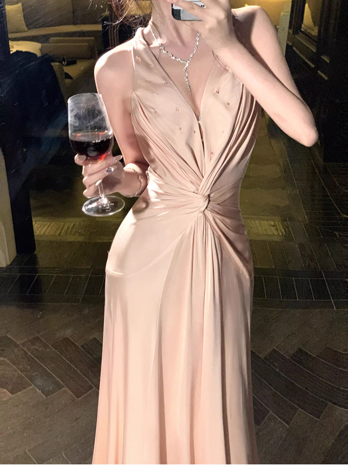 Classy Coral Powder Halter V Neck Satin Beaded Mermaid Long Party Dress Backless Evening Gown