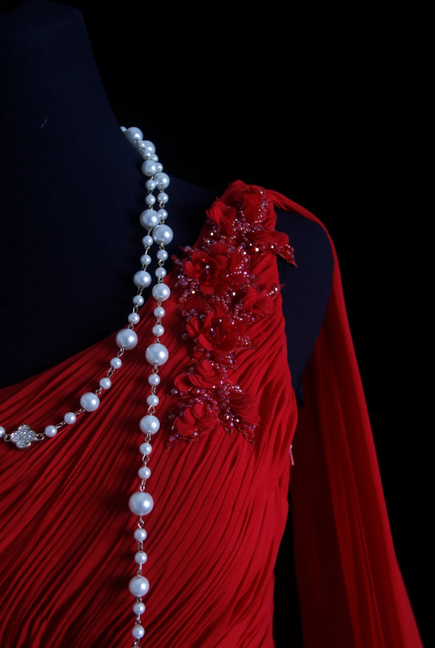 Classy Red One Chiffon Pleated Beaded Mermaid Long Evening Dress Formal Wedding Guest Dress D2212
