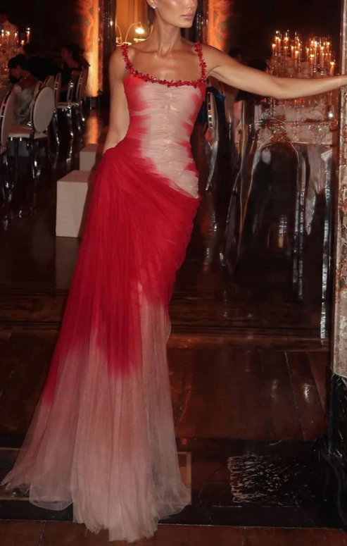 Charming Spaghetti Straps Ombre Red Tulle Beaded Mermaid Evening Dress Formal Long Party Gown