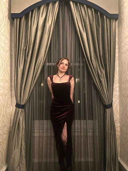 Vintage Burgundy Velvet Slit Mermaid Long Party Dress Formal Wedding Guest Dress D1509