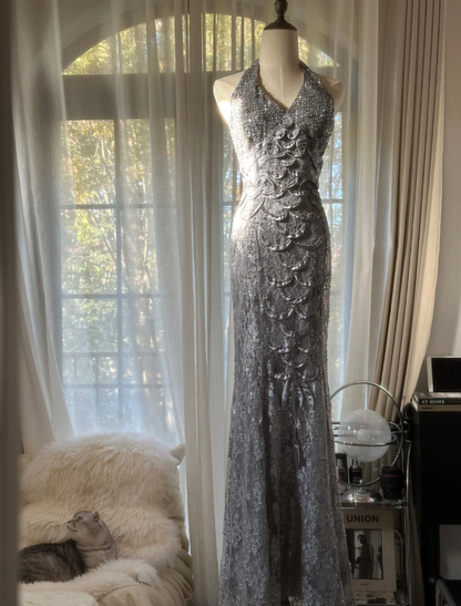 Gorgeous Silver Gray Halter Lace Mermaid Long Party Dress Prom Dresses D2294