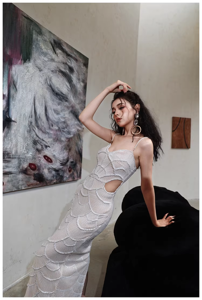 Unique Spaghetti Straps Sequin Pearls Sheath Slit Long Party Dress Birthday Evening Gown