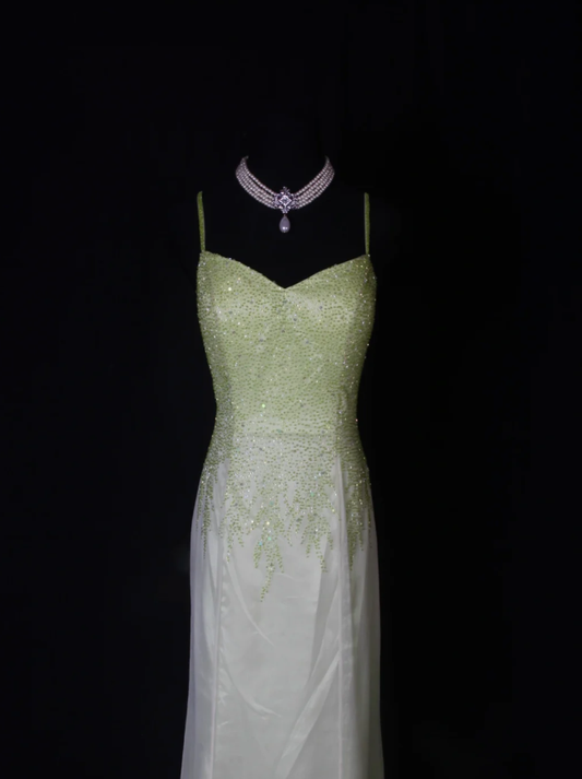 Classy Spaghetti Straps Satin Chiffon Beaded Mermaid Evening Dress Ombre Green Birthday Prom Dress D2261