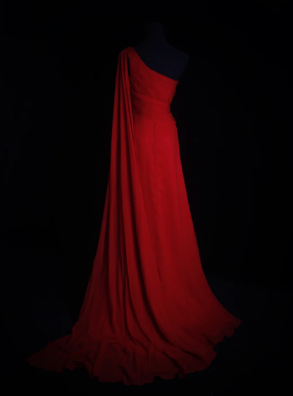 Classy One Shoulder Red Chiffon Beaded Mermaid Long Party Dress Formal Wedding Guest Dress D1997