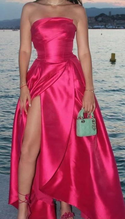 Stylish Hot Pink Strapless Satin A Line Slit Long Wedding Guest Dress Evening Dress D1574