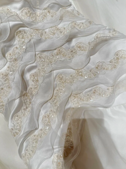 Classy Strapless White Satin Beaded Tulle Mermaid Long Evening Dress Formal Birthday Party Gowns