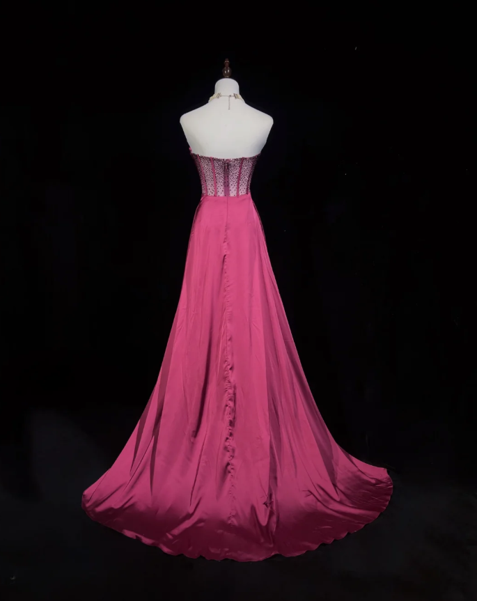 Elegant Strapless Hot Pink Satin Beaded Mermaid Long Wedding Guest Dress Formal Evening Dress D2058