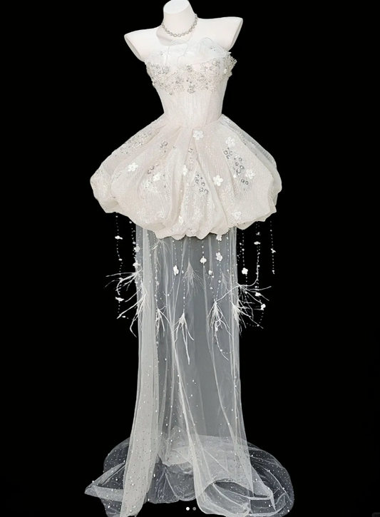Glamorous Strapless White Tulle Sequin Beaded Appliques Long Birthday Prom Dress Evening Dress Two Piece D2349