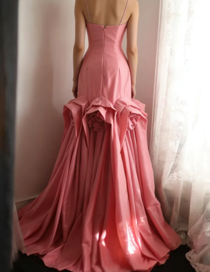 Elegant Spaghetti Straps Pink Satin Pleated Floral Mermaid Long Party Dress Birthday Evening Gown
