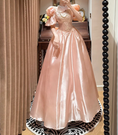 Cute Pink Ball Gown Satin Beaded Long Party Dress Prom Gown With Bow