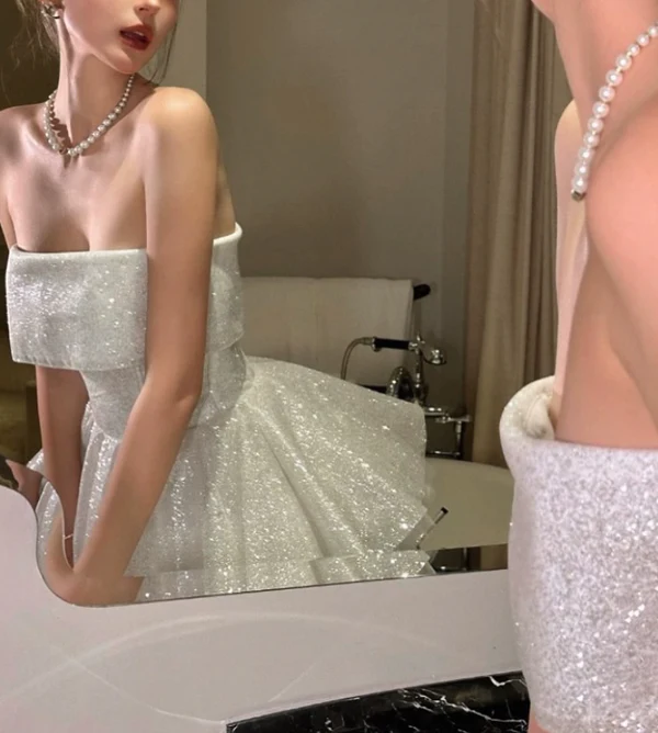 Glitter Strapless White Sequin Tulle Homecoming Dress A Line Short Cocktail Dress  S411