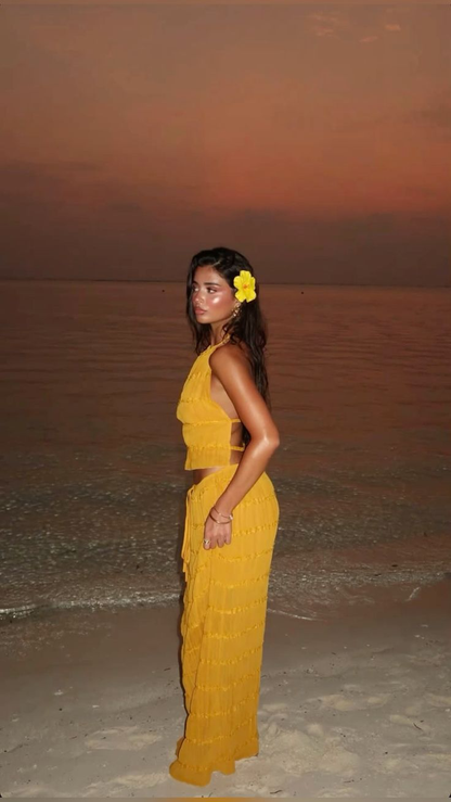 Sexy Halter Chiffon Backless Party Dress,Orange Long Vacation Dresses Two Piece S185